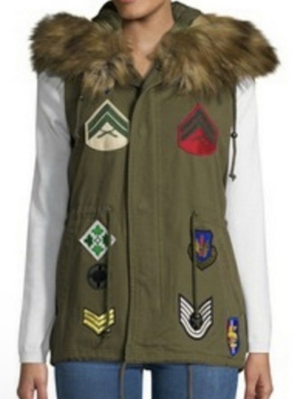 NWT BAGATELLE Hooded Faux Fur Olive Green Military Patches Vest Size L